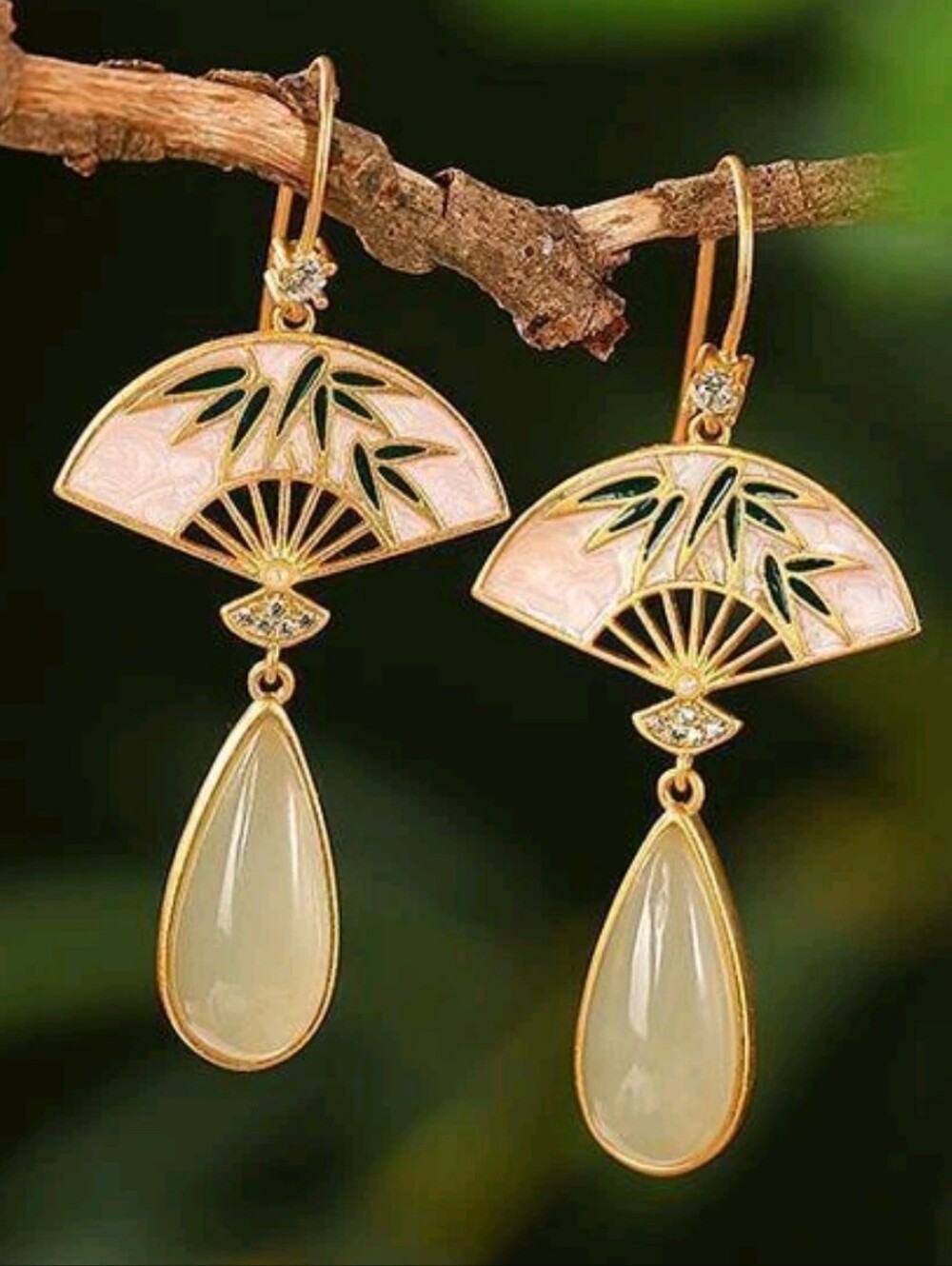 Artisan Gold Fan Earrings with Green and White Enamel